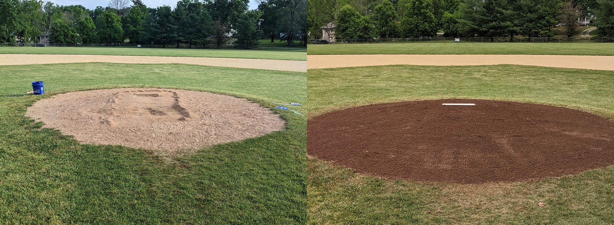 Sports field renovations by Sports Field Services LLC: before and after renovation of a pitcher's mound in Readington, NJ.