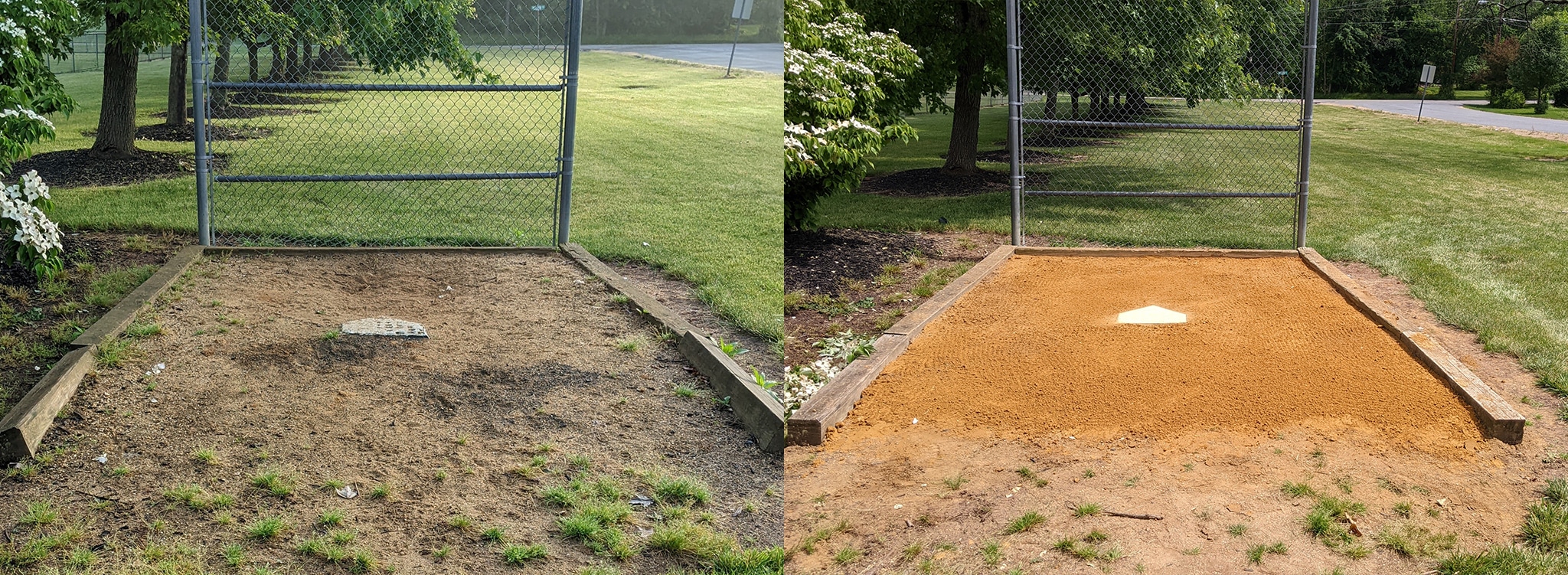 shows before maintenance and after maintenance of a baseball practice area