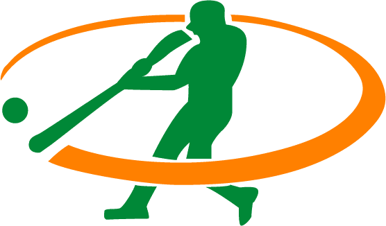 green outline of man hitting a ball with a baseball bat with an orange swirl around him