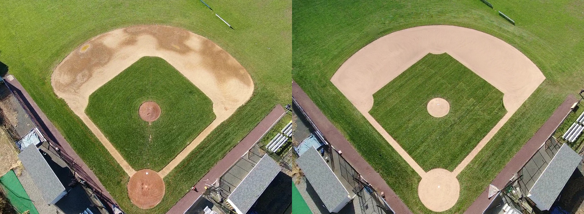 Before and after baseball field renovation at Millburn (NJ) high school.